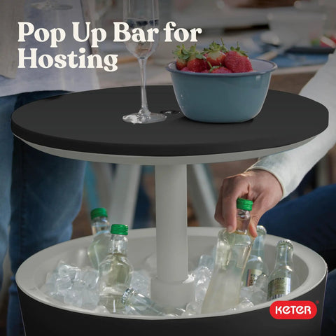 Modern Outdoor Bar Table With Built In 7.5 Gallon Beer And Wine Cooler For Backyard Gameday Parties And Poolside Hangouts A Portable Pop Up Bar With Hidden Cooler Lid Lifts For Quick Drinks On The Deck And Chill Vibes Dark Grey featuring wine bottle on ice.