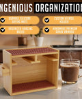 AeroPress Organizer Stand Bamboo Coffee Caddy Station For AeroPress Accessories Including Filter Holder Mug Storage Rack And Silicone Drip Mats Brown displayed on a countertop next to a steaming mug.