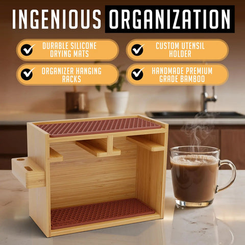 AeroPress Organizer Stand Bamboo Coffee Caddy Station For AeroPress Accessories Including Filter Holder Mug Storage Rack And Silicone Drip Mats Brown displayed on a countertop next to a steaming mug.