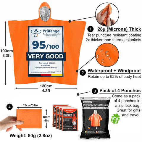 4 Pack Emergency Survival Foil Poncho Reversible Thermal Mylar Orange Heat Retention Up To 92 Percent Lightweight Portable Grab And Go
