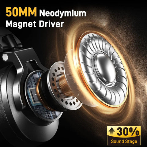 Close-up of 50mm driver in Studio Monitor DJ Headphones With 50mm Drivers Closed-Back Over-Ear Wired Headset For Music Production.