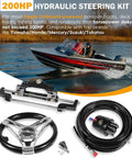 Beefed Up 200HP Hydraulic Outboard Steering Kit For Boats With Electroplated Steering Wheel, helm pump, hydraulic cylinder, 26ft PU hoses.