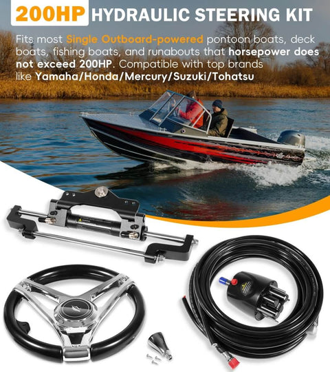 Beefed Up 200HP Hydraulic Outboard Steering Kit For Boats With Electroplated Steering Wheel, helm pump, hydraulic cylinder, 26ft PU hoses.
