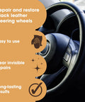 Total Game Changer Leather Steering Wheel Repair Kit Fixes Tons Of Scratches Scuffs And Tears With An Easy 5 Step Routine To Bring Back That New Car Smell And Feel So You Can Drive With Pride, focusing on a black leather steering wheel.