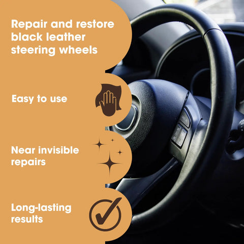 Total Game Changer Leather Steering Wheel Repair Kit Fixes Tons Of Scratches Scuffs And Tears With An Easy 5 Step Routine To Bring Back That New Car Smell And Feel So You Can Drive With Pride, focusing on a black leather steering wheel.
