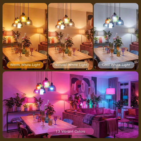 Rechargeable E26 Magnetic Detachable Light Bulb With Remote, Dimmable And Timer displaying warm, natural, cool white and vibrant colors
