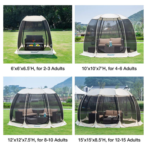 Lightweight Pop Up Screen Room Tent For 4 To 6 Adults, hexagon outdoor canopy with mesh walls on grassy field