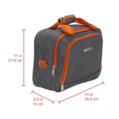 Rockland brand charcoal expandable softside upright luggage, front view with orange zipper accents and top handle.