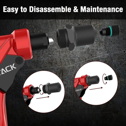 Disassembled view of Rivet Nut Tool And Pop Rivet Gun For One Handed Tight Space Riveting All In One Kit showing mandrel exchange.