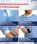Unisex Hip Length Lab Coat With Three Pockets, Soft Knit Cuffs And Collar, Disposable Medical Jacket, Blue Details, Small Size