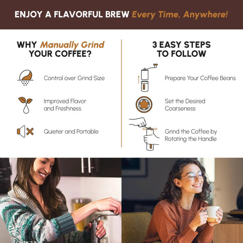 Manual Stainless Steel Coffee Grinder With 18 Adjustable Settings, Portable Conical Burr For Camping and Travel infographic