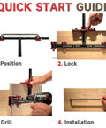 Upgraded Cabinet Hardware Jig Featuring Micro Adjustment Slider For Dead On Drawer Pull Template Alignment No Fuss Drill Bit Storage Slick Woodworking Calibration Tool quick start guide showing position, lock, drill, and install steps.