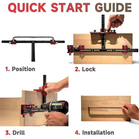 Upgraded Cabinet Hardware Jig Featuring Micro Adjustment Slider For Dead On Drawer Pull Template Alignment No Fuss Drill Bit Storage Slick Woodworking Calibration Tool quick start guide showing position, lock, drill, and install steps.