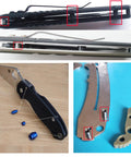 Rock Solid 10 Pack Pocket Knife Backspacer Standoff Stop Pins CNC Precision Stainless 416 Steel Heavy Duty EDC Folding Knife DIY Fix Kit components displayed on knife parts and tools.