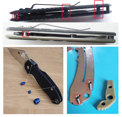 Rock Solid 10 Pack Pocket Knife Backspacer Standoff Stop Pins CNC Precision Stainless 416 Steel Heavy Duty EDC Folding Knife DIY Fix Kit components displayed on knife parts and tools.