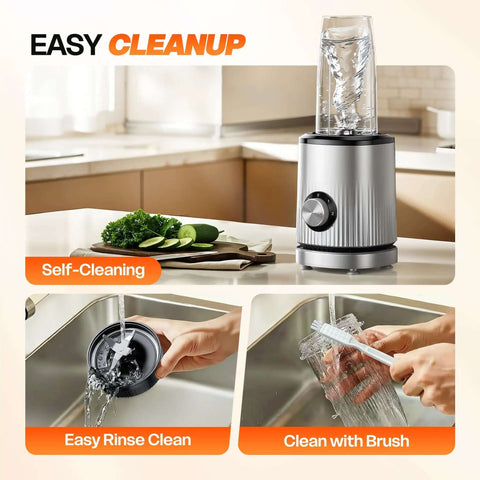 Kickass Portable Smoothie Blender for Shakes and Protein Drinks with self-cleaning feature and easy rinse setup.
