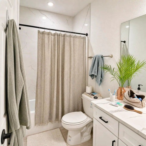 Bathroom setting with Heavy Duty Tension Curtain Rod No Drill Quick Install for Patio Shower and Windows, black, installed over bathtub.