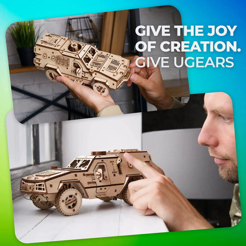 Battlefield Dozor B Combat Vehicle Armored Army Truck 3D Wooden Puzzle For Adults in clear wood finish, side view