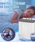 Portable Twin Tub Washing Machine With 19 Pound Washer And 11 Pound Spinner Dryer Featuring A Heavy Duty Drain Pump For No Sweat And Effortless Apartment Laundry Days, sleeping woman and machine with low noise feature.