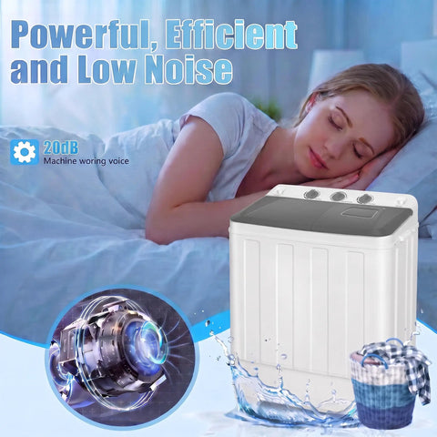 Portable Twin Tub Washing Machine With 19 Pound Washer And 11 Pound Spinner Dryer Featuring A Heavy Duty Drain Pump For No Sweat And Effortless Apartment Laundry Days, sleeping woman and machine with low noise feature.