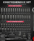 66 Piece One Half Inch Drive Impact Socket Set With Deep And Standard 6 Point Cr-V Sockets SAE Three Eighths To One And A Quarter Inch And Metric Ten To Twenty Four Millimeter Plus Ratchet Extensions Adapters Universal Joint Drill Adapter And Storage Case components displayed