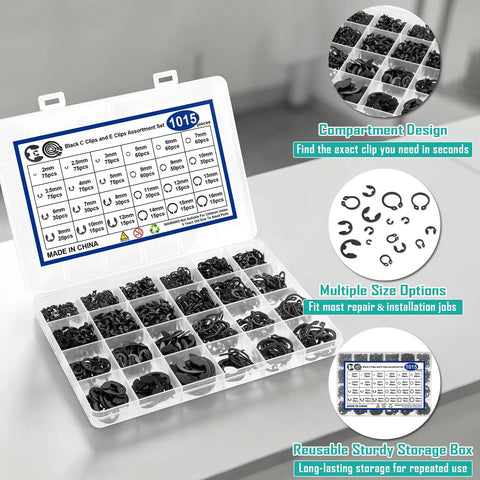 Ultimate Snap Ring Assortment Kit With 1015 Pieces Including C Clips 5mm to 16mm and E Clips 2mm to 12mm 24 Sizes and 590 E Clips For DIY Repairs and Home Garage Projects, open case