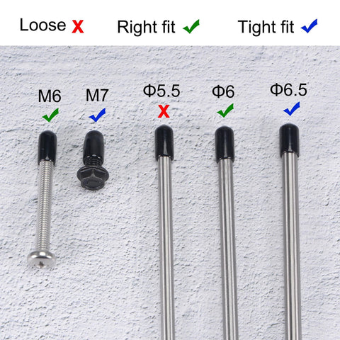 Diagram showing fit options for Twenty Pack Rubber End Caps For One Quarter Inch Inner Diameter Six Millimeter Vinyl Round Tube Bolt Cap Covers.