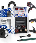 7 In 1 Multiprocess Welder System With 130 Amp Output Dual Voltage 120V And 240V Handles MIG Flux Core Stick Lift TIG Aluminum Welding Plasma Cutting And Spool Gun For Garage Projects with accessories