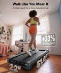 Heavy Duty Under Desk Walking Pad Treadmill With Auto Incline Smooth Glide Motor For Your Home Office Setup showing wider 22" deck and user walking.