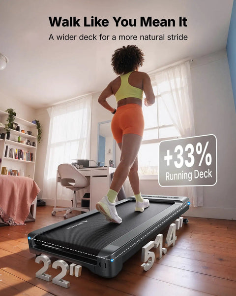 Heavy Duty Under Desk Walking Pad Treadmill With Auto Incline Smooth Glide Motor For Your Home Office Setup showing wider 22" deck and user walking.
