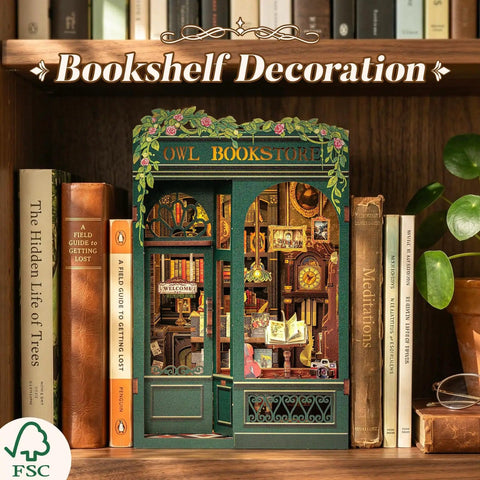 Owl Bookstore Book Nook Kit For Beginners And Teens, DIY Miniature House For Dollhouse Lovers, Library Decor on a shelf.