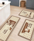 Vintage Coffee Kitchen Floor Mats Rustic Brew Station Rugs Soft Cushioned Washable Comfort Non Slip Anti Fatigue 3 Piece Set For Sink And Laundry displayed in a kitchen.