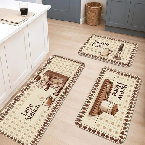 Vintage Coffee Kitchen Floor Mats Rustic Brew Station Rugs Soft Cushioned Washable Comfort Non Slip Anti Fatigue 3 Piece Set For Sink And Laundry displayed in a kitchen.
