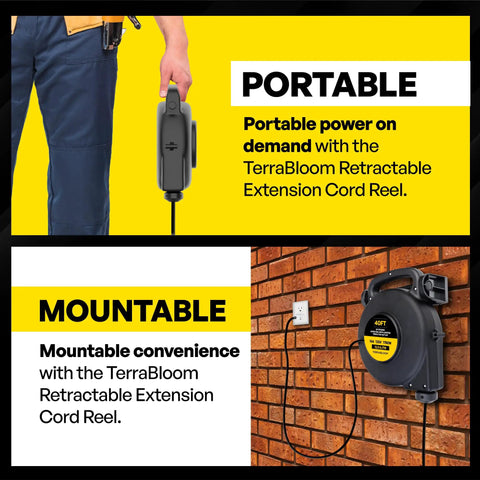 Upper image shows a person holding Retractable Extension Cord Reel With Light Indicator 40 Ft Triple Outlet Wall Mounted UL Listed 14 Amp 125V 1750W Beefy Heavy Duty Power Cord Organizer For Garage And Workshop; lower image displays the cord reel mounted on a brick wall