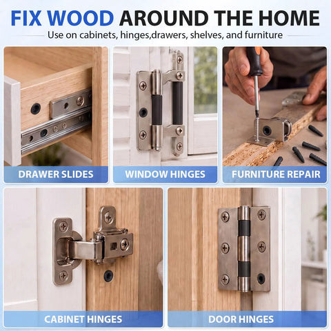 45 Piece Wood Anchor Repair Kit for Stripped Screw Holes Black Finish with Top Threaded Design for Tight Grip on Loose Hinges Cabinets Drawers Shelves and Furniture Includes Extra Pieces for Future DIY Fixes Pro Grade Confidence. Repair kit used on drawer slides, window hinges, cabinet and door hinges.