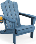 Folding Adirondack Chair With Hidden Cup Holder, All Weather HDPE Patio Seating For Poolside And Backyard, Navy Wood Grain Texture. Front view showing cup holder.