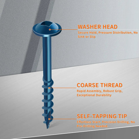 Blue Coated Hardened Steel Pocket Hole Screws Set, 100 Pieces, Number 8 By 2 Inches, Self Tapping Wood Screws With Washer Head