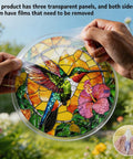Colorful 83 Piece Little Bird Suncatcher Puzzle Kit showing film removal on UV printed acrylic light catcher 7.4 in.