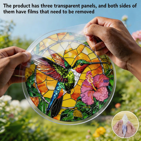 Colorful 83 Piece Little Bird Suncatcher Puzzle Kit showing film removal on UV printed acrylic light catcher 7.4 in.