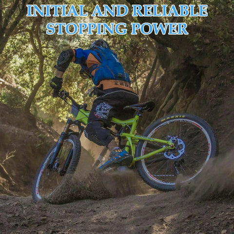 Mountain biker navigating a dirt trail using Ceramic Bike Brake Pads Set For Disc Brakes With Broad Compatibility For Shimano Deore Tektro And TRP Models