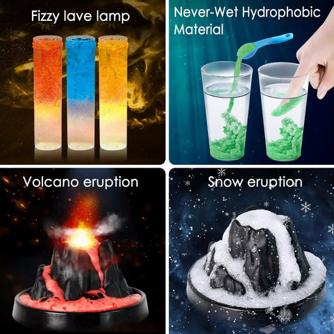 Totally 110 Plus Science Experiments Kit For Kids with volcano eruption, fizzy lava lamp, hydrophobic material, snow eruption