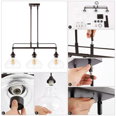 Assembly steps of Oil Rubbed Bronze 3 Light Linear Pendant With Iron And Glass, Schoolhouse Shade Design, UL Listed, LED Bulbs Included