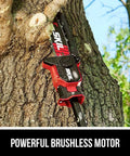 Cordless Brushless 20V 6-Inch Telescoping Chainsaw Kit cutting through a tree trunk, featuring a long reach pole for easy pruning.