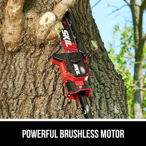 Cordless Brushless 20V 6-Inch Telescoping Chainsaw Kit cutting through a tree trunk, featuring a long reach pole for easy pruning.