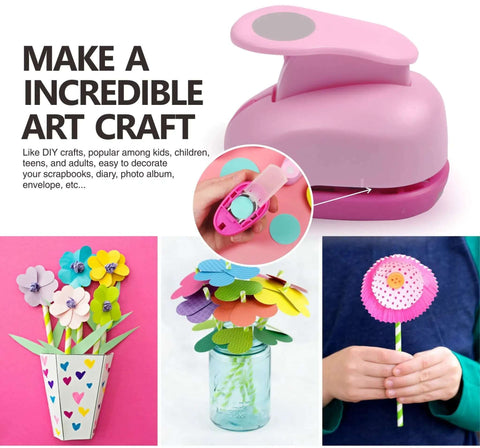 5 Piece Craft Hole Punch Set For Scrapbooking And Card Making, pink circle punch, DIY crafts, paper flowers in background