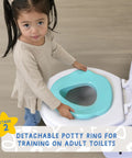 Interactive Toddler Potty Trainer Chair With Snappy Audio Clips And Upbeat Tunes, Two In One Step By Step Toilet Training Stand Featuring Super Quick Rinse Parts And Encouragement Stickers For A Truly No Sweat House Training Journey, detachable potty ring being placed on adult toilet.
