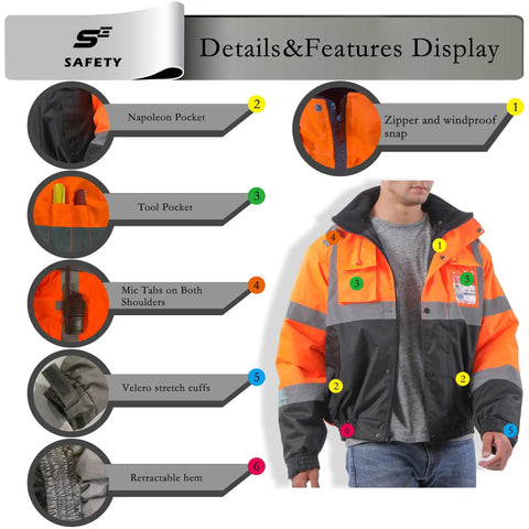 Hi Vis Bomber Jacket for Men with waterproof construction, front zipper, detachable hood, multi-pocket reflective safety gear details