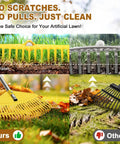 Comparison of yellow and gray leaf rakes on artificial grass, highlighting "No Scratches, No Pulls" feature.