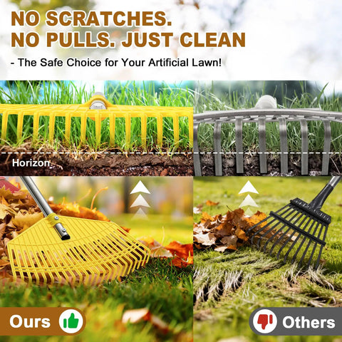 Comparison of yellow and gray leaf rakes on artificial grass, highlighting "No Scratches, No Pulls" feature.