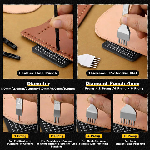 Image showing All In One Pro Grade Leather Stitching Hole Punch Tool Set with 4mm prong punches and thickened protective mat.
